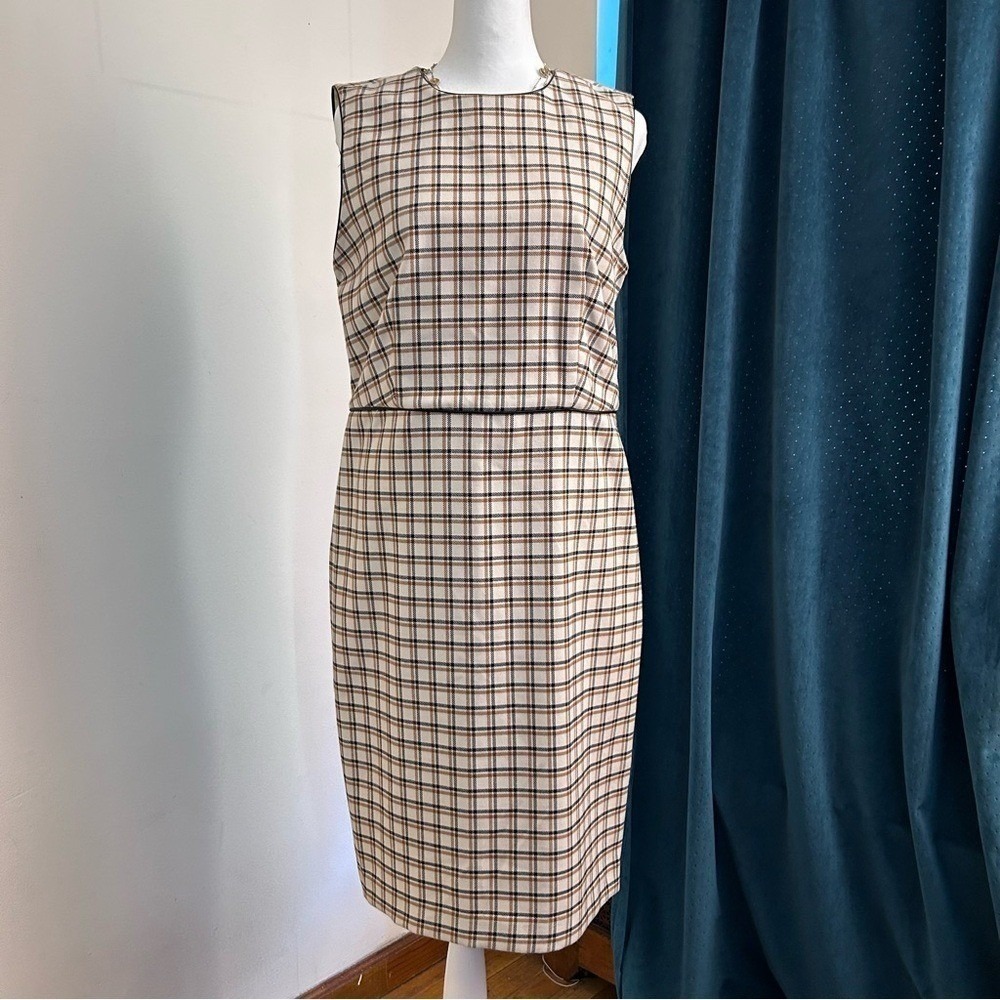 Ann Taylor Plaid Sheath Dress Sleeveless Tan Brown Size 8 Excellent